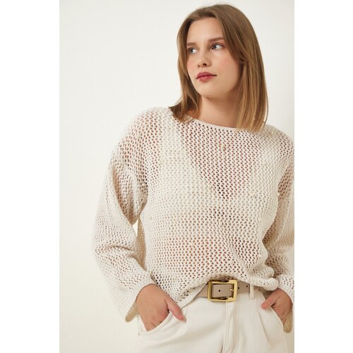 Happiness İstanbul Women's Cream Pearl Detailed Openwork Seasonal Knitwear Sweater Slike