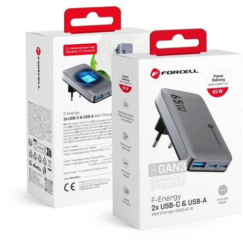 forcell f-energy gan III VT-47 ultra slim kućni punjač 2 x type c + usb a pd QC4.0 4A 65W sivi Cene