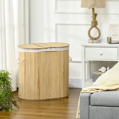 HOMCOM Košara za perilo iz bambusa z dvema deloma, dvema pokrovoma in prostornino 100 l z odstranljivo notranjo vrečko, 62,5x37x60,5 cm, bela in lesena, (20746021) Cene