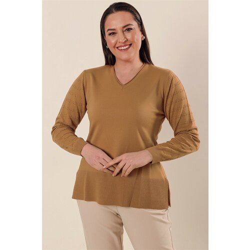 By Saygı V-neck Acrylic Sweater Mink Plus Size With Patterned Sleeves and Slits in the Sides. Slike