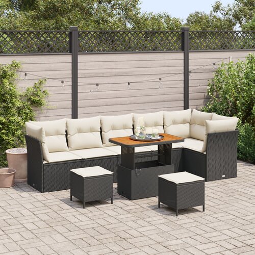 VidaXL 9 delni vrtni sofa set z blazinami Črna Poli ratan Akacija, 3 delni vrtni jedilni set z blazinami Črna Poli ratan Akacija Slike
