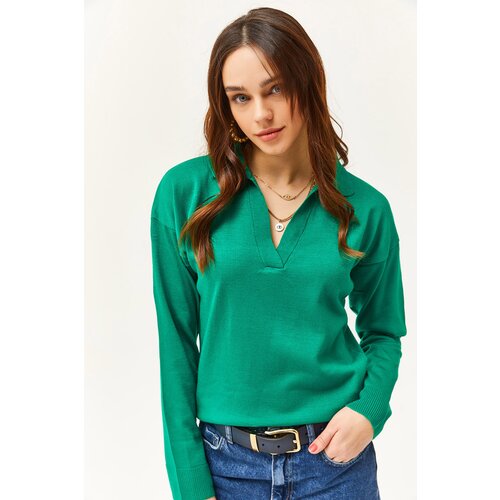 Olalook Women's Emerald Green Polo Neck Fine Knitwear Sweater Cene
