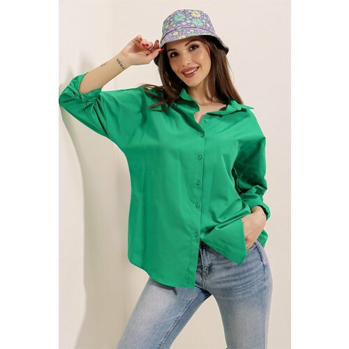 By Saygı Oversize Long Basic Shirt Green Slike