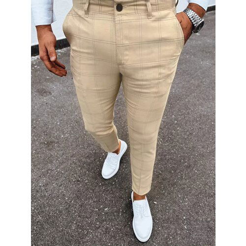 DStreet Men's Light Beige Checkered Chino Trousers Cene