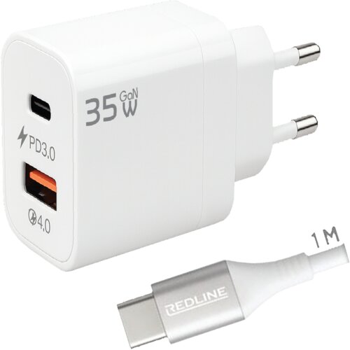 Redline Punjač sa USB-C kablom GL-35-AC+CC-1M(60W), 1 x USB-A, 1 x USB-C, 35W, Bijeli Cijene