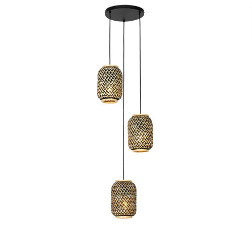 QAZQA Orientalska viseča svetilka iz bambusa s črno 3-lučjo - Yvonne