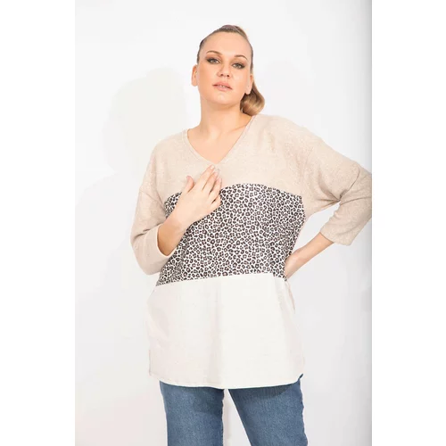 Şans Women's Plus Size Mink Casual Cut Soft Fabric Color And Pattern Combined Sweatshirt