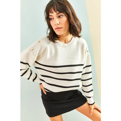 Bianco Lucci Women's Striped Knitwear Sweater with Stone Embroidered Shoulders