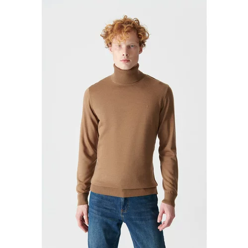Avva Men's Camel Knitwear Sweater Full Turtleneck Non-Pilling Standard Fit Regular Cut
