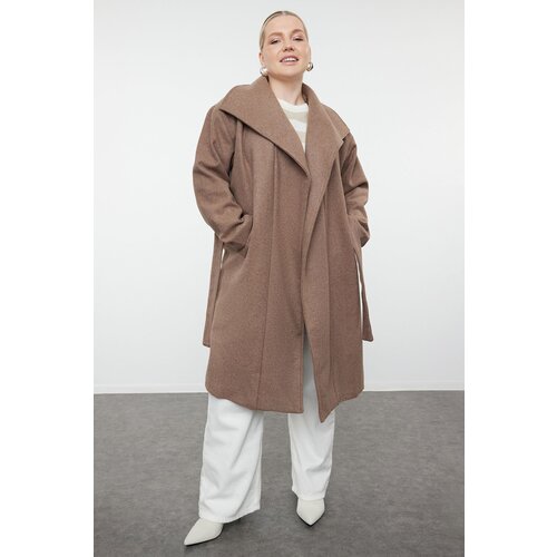 Trendyol Curve Mink Loose Fit Belted Wide Collar Cashmere Coat Cene
