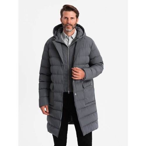 Ombre Men's long quilted jacket with lapels and lining - graphite Slike