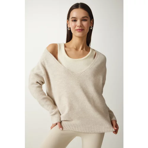 Happiness İstanbul Women's Beige Undershirt Soft Textured Double Knitwear Sweater