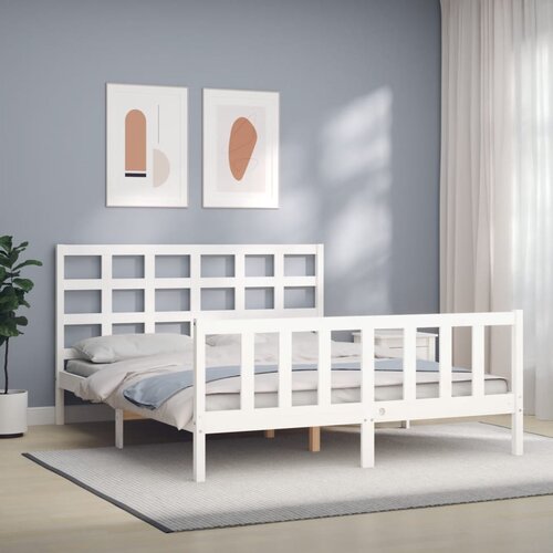 The Living Store Posteljni okvir z vzglavjem bel trden les - Posteljni Okvir, (21525311) Slike