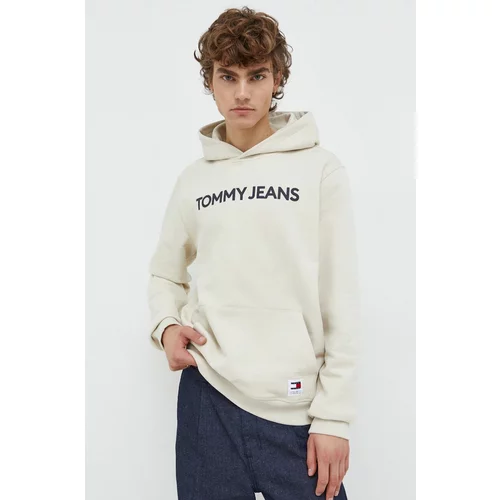 Tommy Jeans Bombažen pulover moška, bež barva, s kapuco