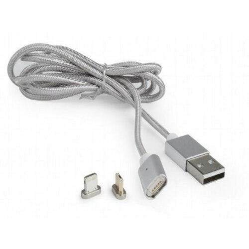 Gembird CC-USB2-AMLM3-1M Magnetic USB charging combo MicroUSB/Lightning, silver, 1m kabal Slike