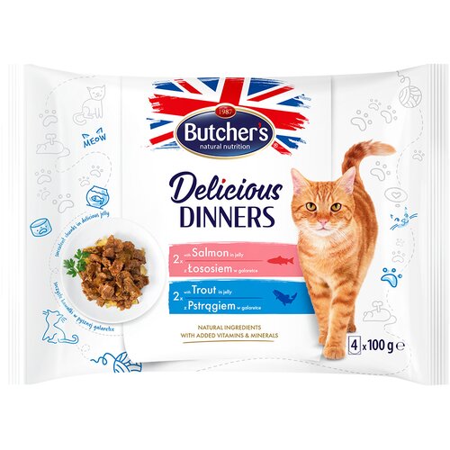 MEGA pakiranje Butcher's Delicious Dinners za mačke 64 x 100 g - Me&scaron;anica: losos, postrv Cijene
