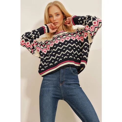Trend Alaçatı Stili Women's Navy Blue Crew Neck Ethnic Patterned Crop Knitwear Sweater
