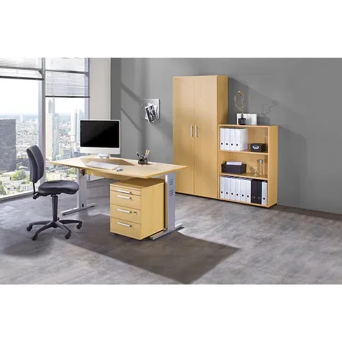 MULTI - Kompletna pisarna, 1 miza, 1 regal, 1 pomični predalnik, 1 omara za dokumentacijo, z vrtljivim pisarniškim stolom črne barve, imitacija bukve