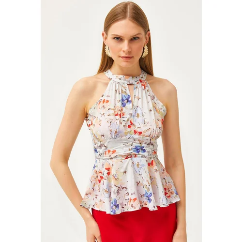 Olalook Women's Blue Floral Barbell Neck Waist Detailed Crepe Blouse