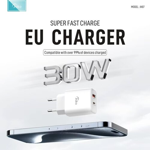 Kućni punjač KONFULON Joko JK87 PD 30W/ USB Q.30W sa kablom USB na Type-C beli 1m Slike