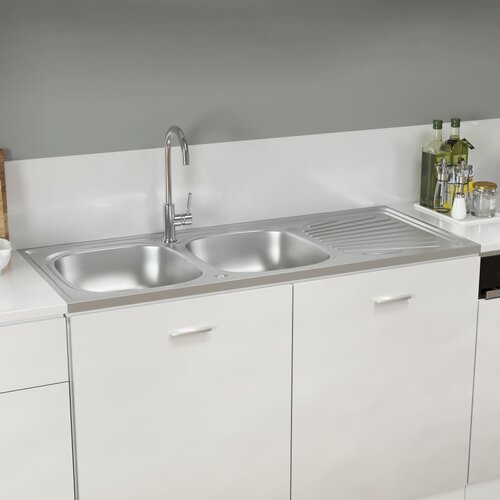 VidaXL Kuhinjski sudoper s dvije kadice srebrni 1200x500x155 mm čelik Slike