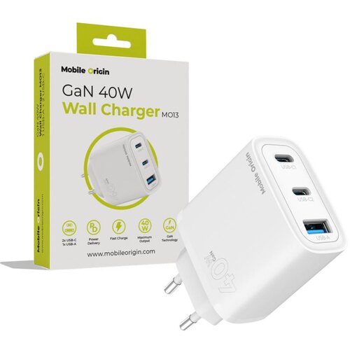 MOBILE ORIGIN 40W GaN Charger MO13 white 1x USB-A + 2x USB-C Slike