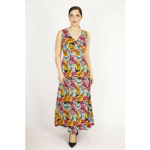 Şans Women's Colorful Plus Size Multicolored Long Dress with Wrapped Neck Slike