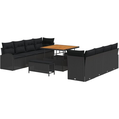VidaXL 11-dijelni set za vrtne sofe s jastučićima crni poli ratan akacija, 2-sjedalna vrtna sofa s pohranom i jastučićima crna poli ratan, 3-dijelni set za vrtne blagovanje s jastučićima crni poli ratan akacija Slike