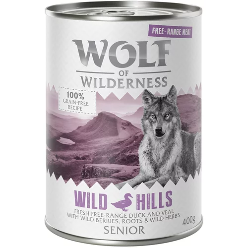 Wolf of Wilderness Varčno pakiranje Senior "Free-Range Meat" 24 x 400 g - Senior Wild Hills - raca & teletina iz proste reje