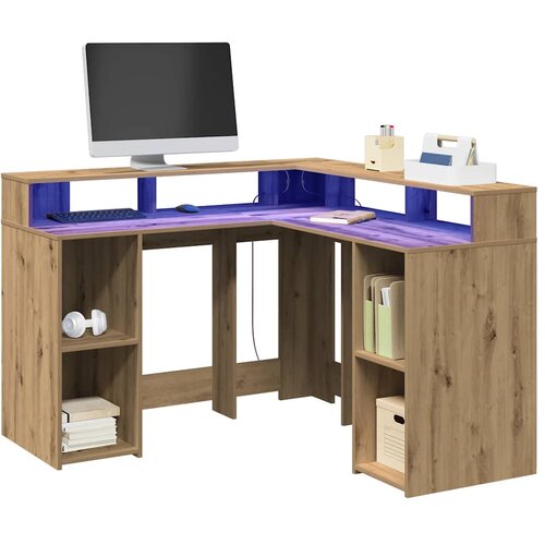  Radni stol s LED svjetlima boja hrasta 130 x 130 x 91 cm drveni Slike