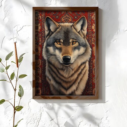 Wallxpert uramljena MDF slika NAL078-46, vuk ispred crvenog orijentalnog ćilima, 35,5 x 47 cm Cene