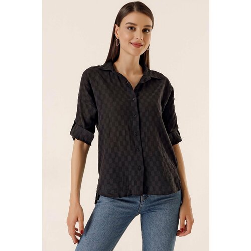 By Saygı Button-Front Polo Collar Shirt with Buttons, Folded Sleeves Black Slike