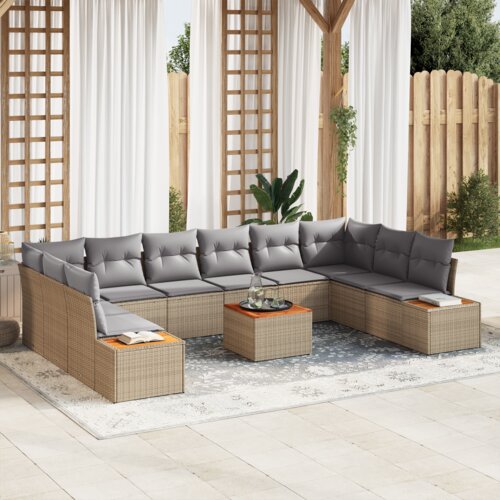 vidaXL 11-delni set vrtnega kavča z blazinami Bež Poly Rattan Acacia Cene