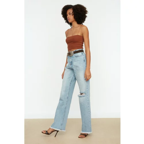 Trendyol Blue Ripped Detailed Elevated Waist Wide Leg Jeans