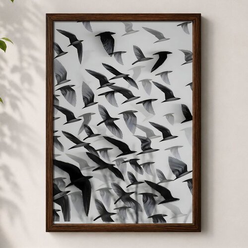 Wallxpert uramljena MDF slika 3752KACT-055, jato crnih ptica u letu na sivoj pozadini, 37 x 52 cm Slike