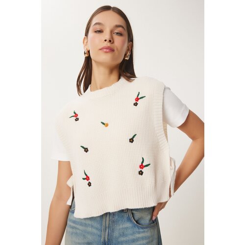 Happiness İstanbul Women's Cream Floral Embroidered Tied Crop Knit Sweater Slike