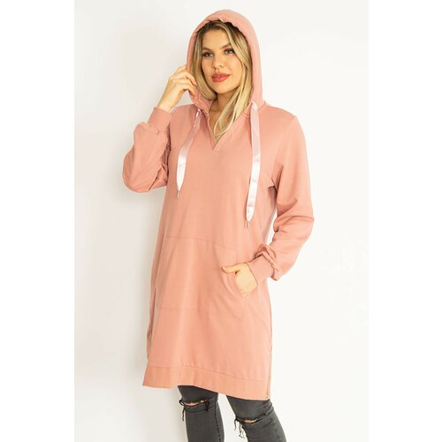 Şans Women's Plus Size Pink Hooded Kangaroo Pocket Sweatshirt Slike