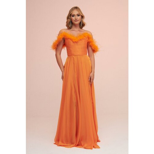Carmen Orange Chiffon Feathered Slit Long Evening Dress Slike