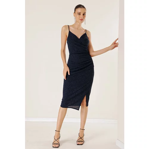 By Saygı Pleated Lined Knitted Fabric Short Dress with Rope Strap Skirt