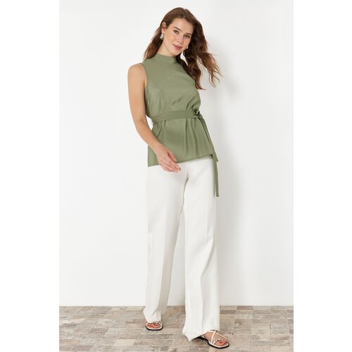 Trendyol Khaki Belted Crew Neck Sleeveless Woven Blouse Slike