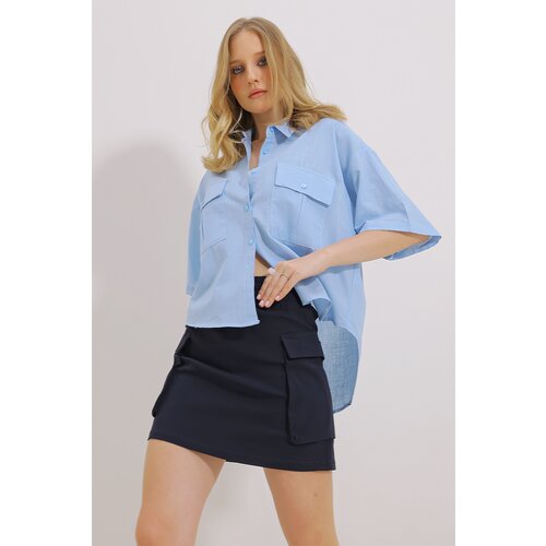Trend Alaçatı Stili Women's Blue Double Pocket Half Sleeve Linen Shirt Slike