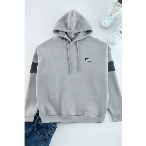 Trendyol Gray Oversize/Wide Cut Labeled Color Blocked Fleece Inside Sweatshirt Slike