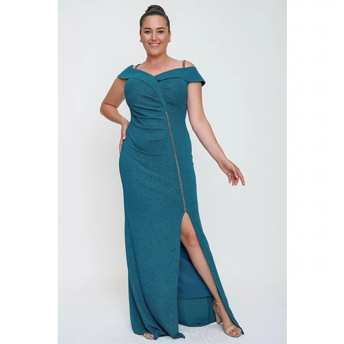 By Saygı Violet Plus Size Long Dress With Sequins and Threaded Straps.