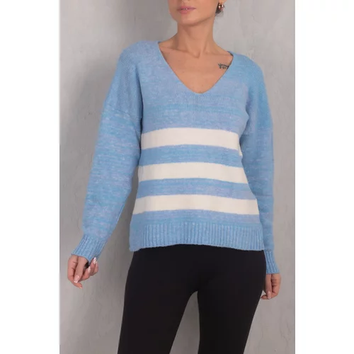 armonika Women's Blue Lily V-Neck Striped Knitwear Sweater
