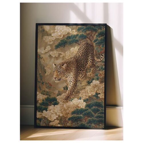 Wallxpert uramljena slika 115251, leopard među borovima i belim cvetovima, 30 x 40 cm, crni ram Slike