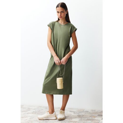 Trendyol Khaki 100% Cotton Moon Sleeve Shift/Comfortable Cut Midi Knitted Midi Dress Cijene