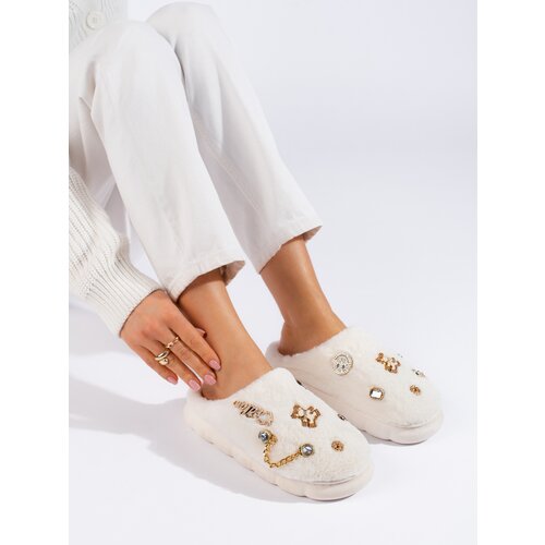 SHELOVET Women's white slippers with embellishments Cene