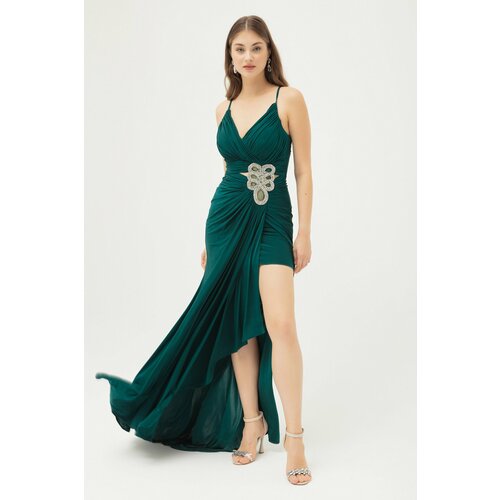 Lafaba Women's Emerald Green Strappy Chest Draped Slit Long Evening Dress Cene