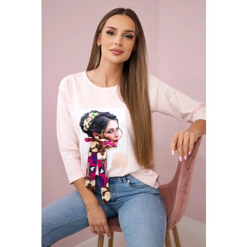 Kesi Blouse with graphics and colorful bow 3D powder pink Cene