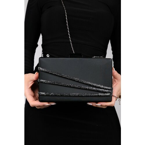 LuviShoes DEBON Black Satin Platinum Stripe Stone Women's Evening Dress Bag Slike